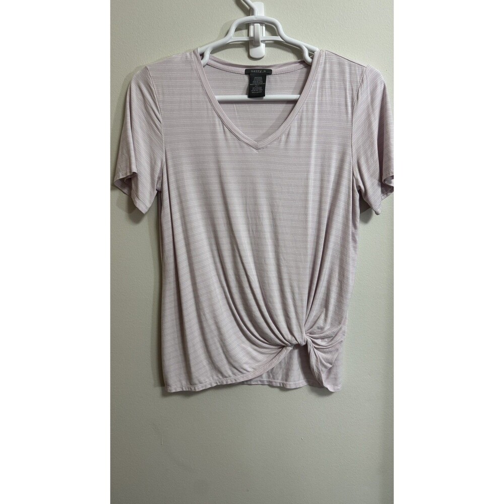 Matty M Women's V Neck Twist Knot Top Short Sleeve Striped Nautical Beach Shirt